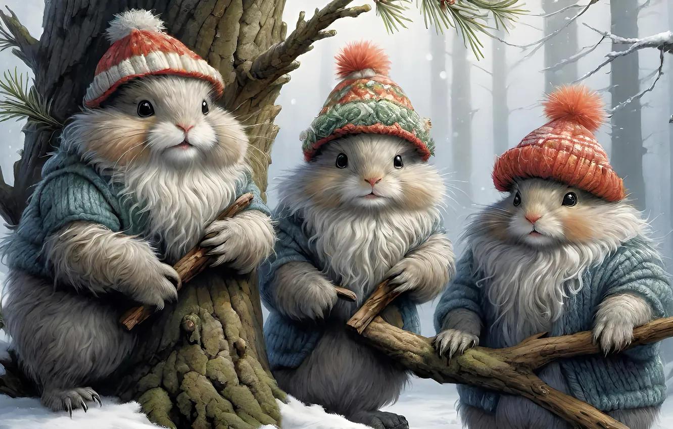 Photo wallpaper winter, forest, snow, fantasy, animal, gift, new year, hare