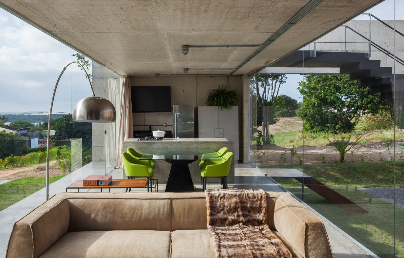 Photo wallpaper design, style, Villa, interior, kitchen, living room, dining room, Panoramic windows