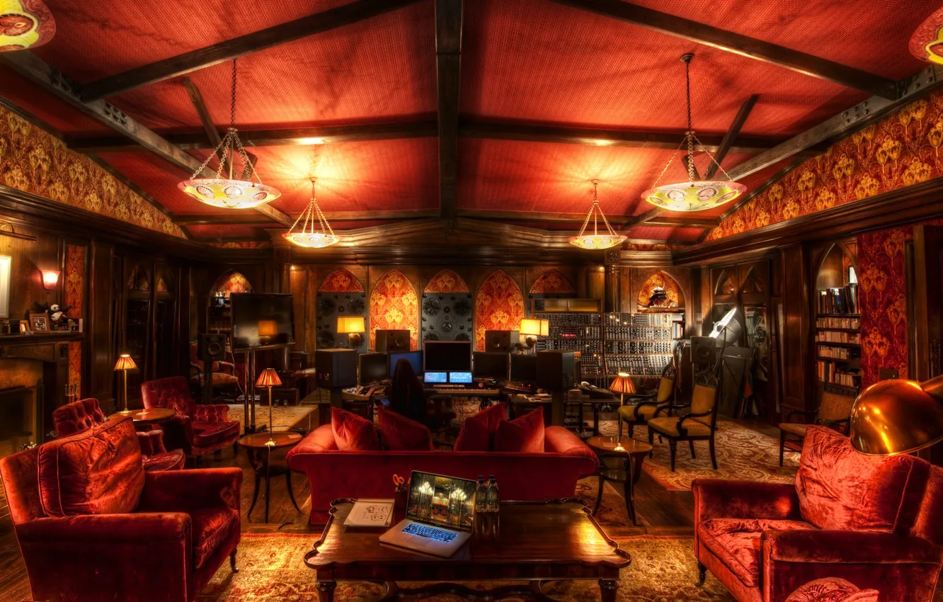 Photo wallpaper music, room, sofa, HDR, chair, remote, chandelier, laptop