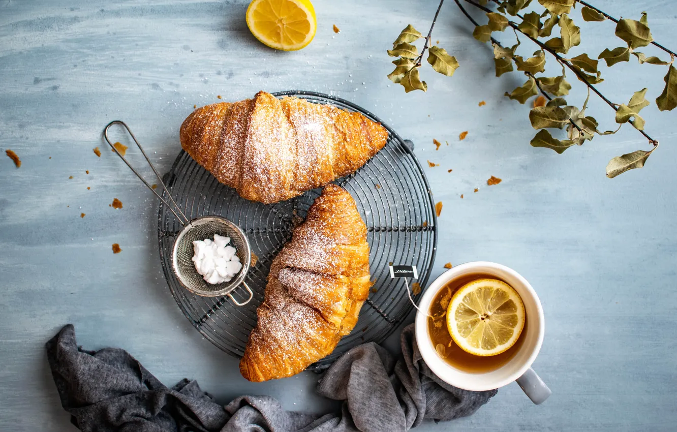 Photo wallpaper lemon, tea, Cup, sugar, cakes, croissants, croissant