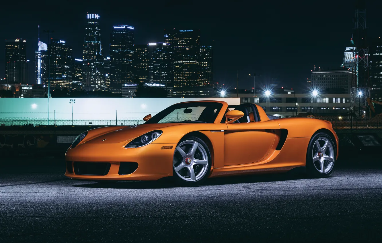 Photo wallpaper night, orange, the city, lights, Porsche, supercar, handsome, Porsche Carrera GT