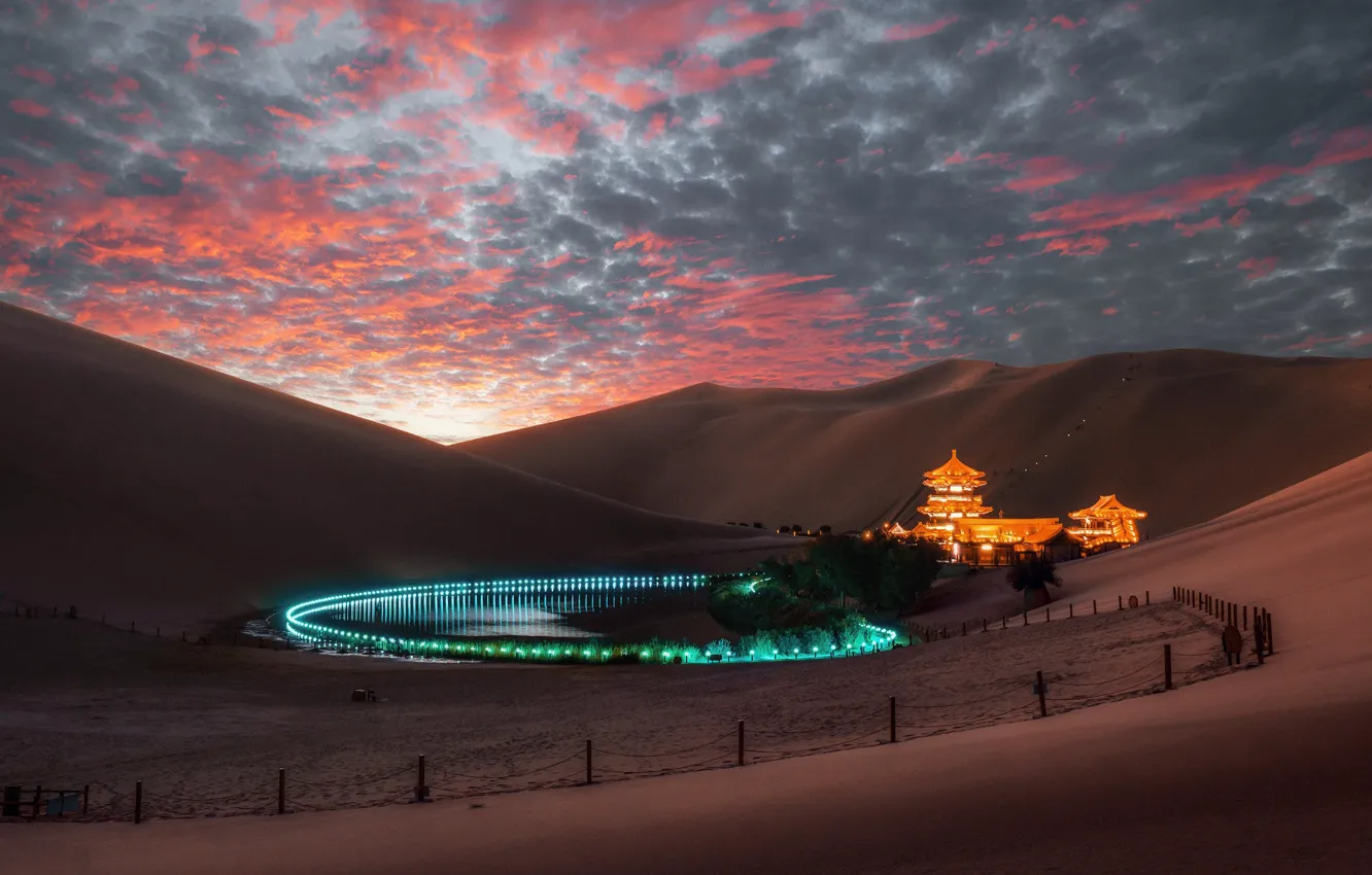 Photo wallpaper lake, desert, pagoda, sunset