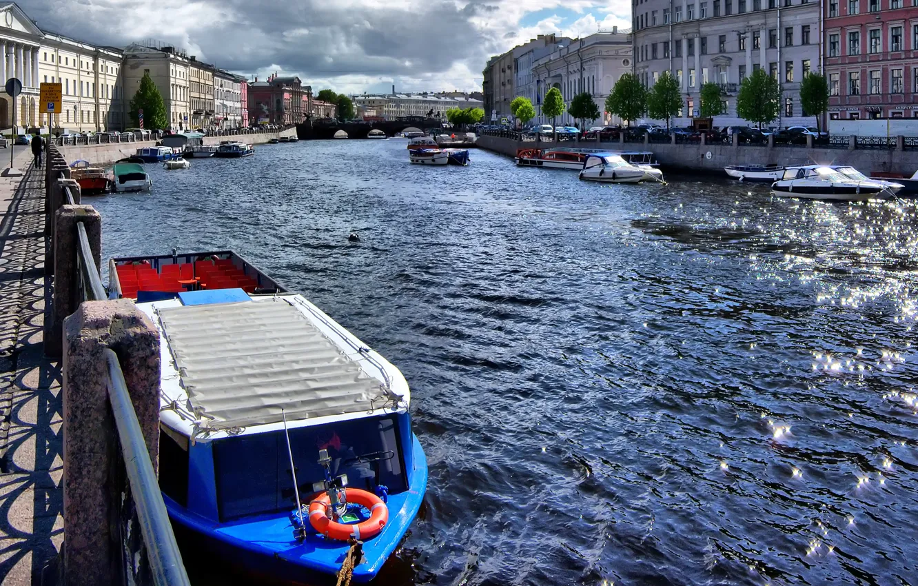 Photo wallpaper glare, river, The sun, boats, Saint Petersburg, Fontanka