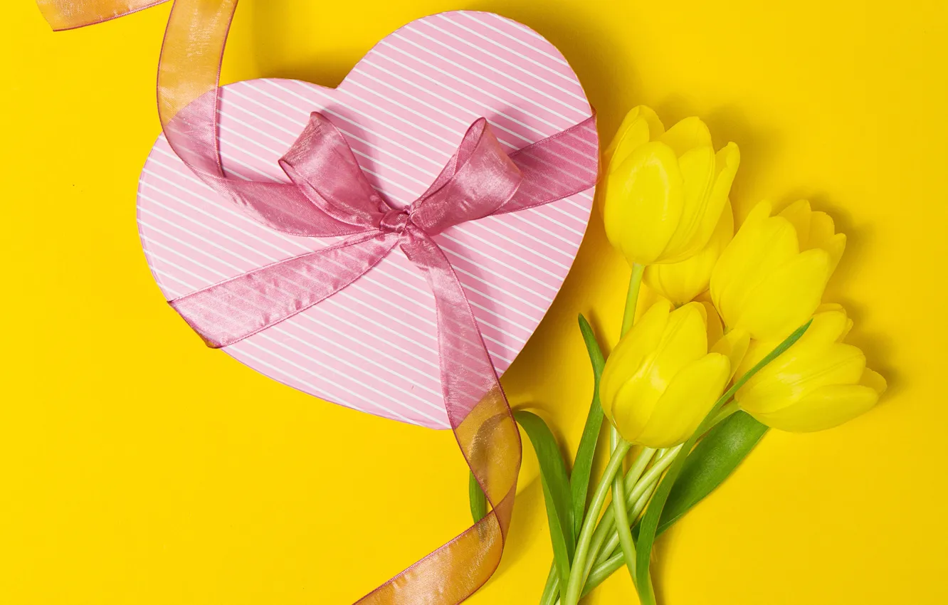 Photo wallpaper flowers, background, gift, bouquet, tape, yellow tulips, Valeria Maksakova