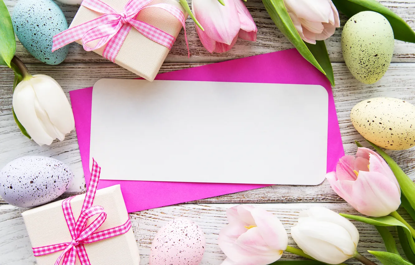 Photo wallpaper flowers, eggs, spring, colorful, Easter, tulips, wood, pink
