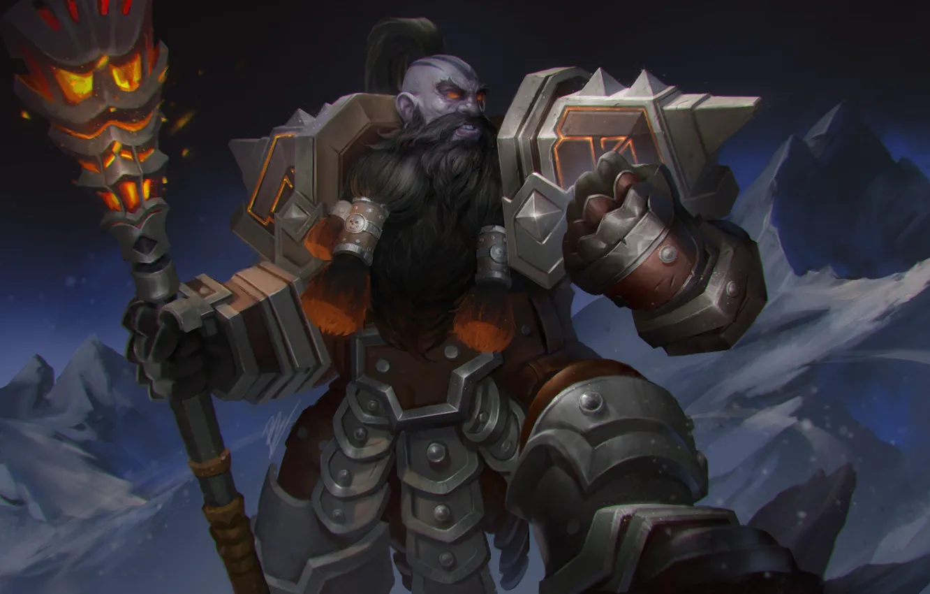 Photo wallpaper night, man, armor, warrior, lights, torch, World of Warcraft