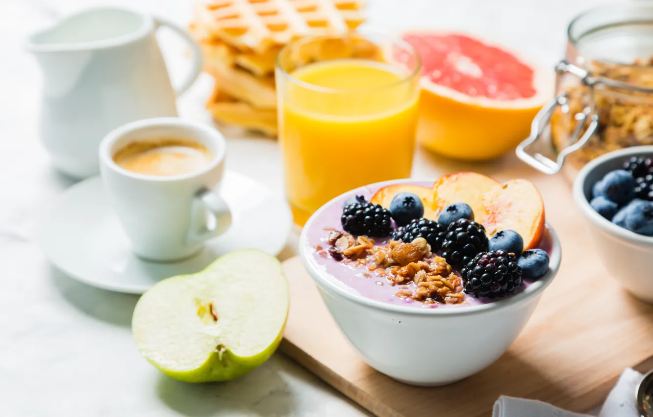 Photo wallpaper berries, coffee, Breakfast, juice, fruit, waffles, yogurt