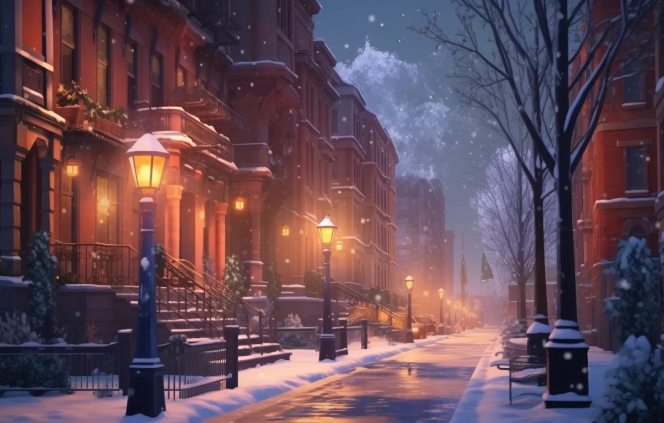 Photo wallpaper winter, snow, night, street, new year, Christmas, lights, Christmas