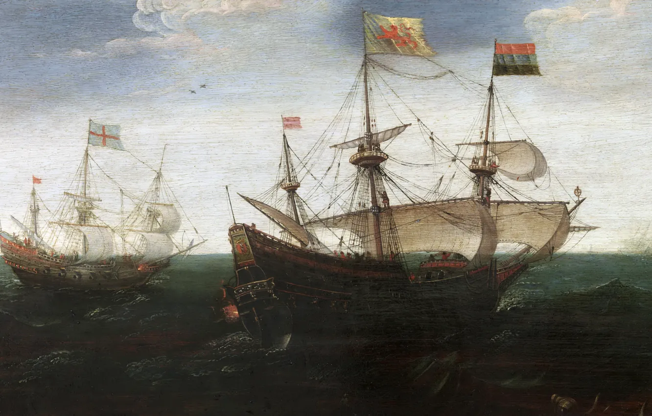 Photo wallpaper ship, picture, flag, sail, seascape, Sea Battle, Aert Anthonisz Anthoni Shot