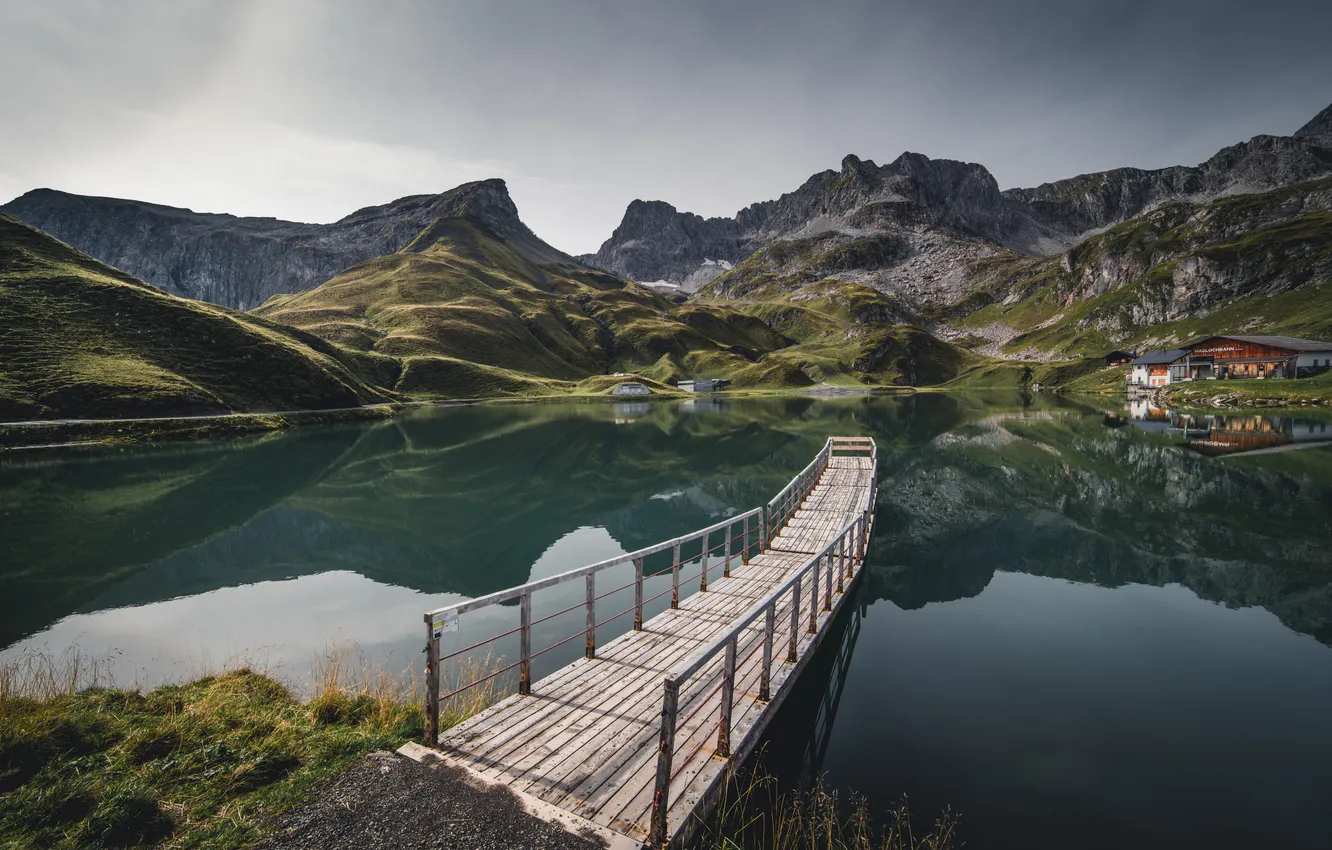 Photo wallpaper mountains, lake, Austria, Alps, the bridge