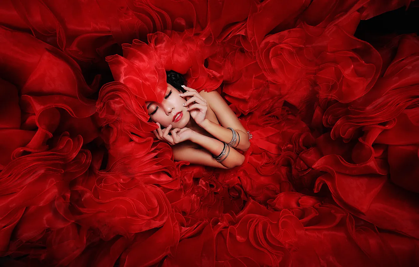 Photo wallpaper red, face, background, dress, Asian