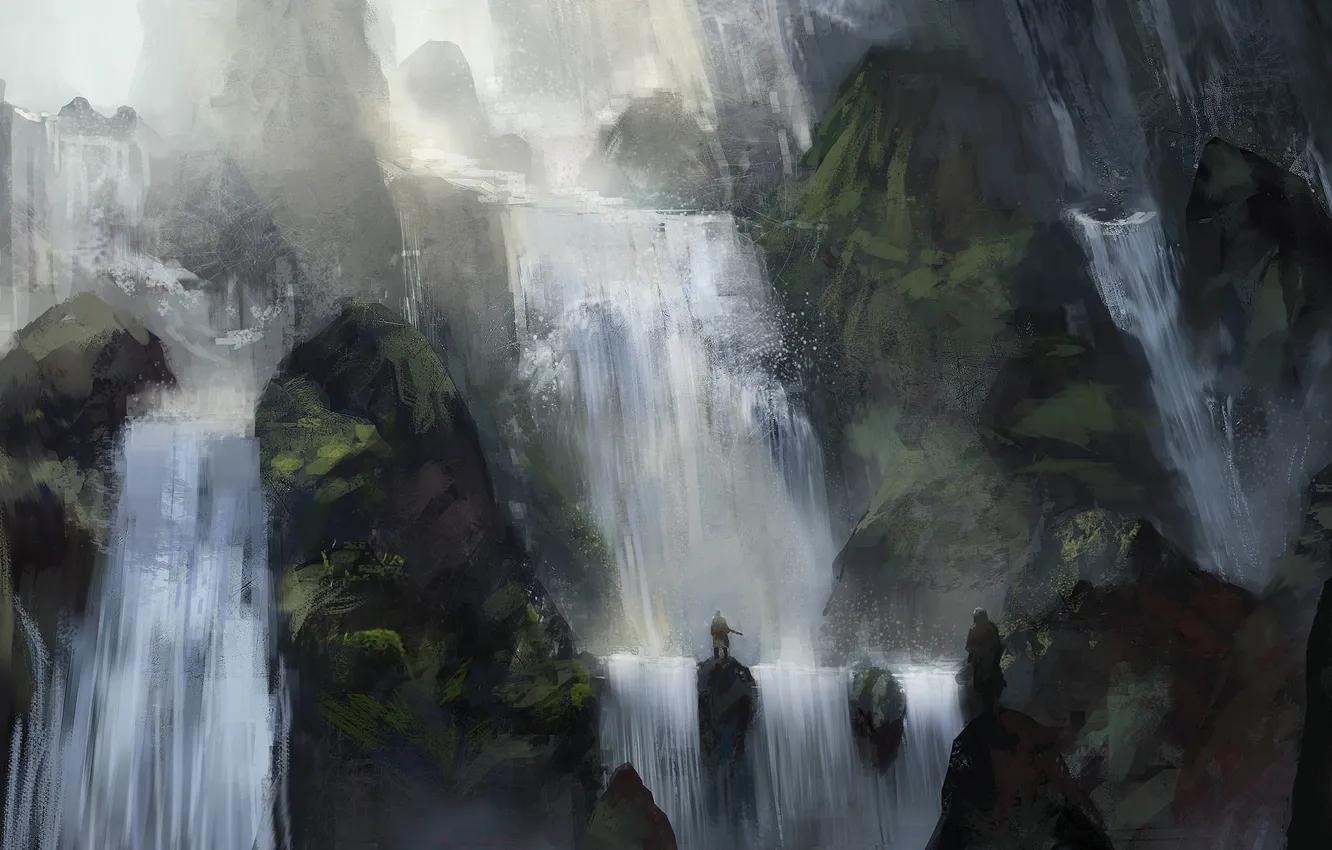 Photo wallpaper stones, people, waterfall, art