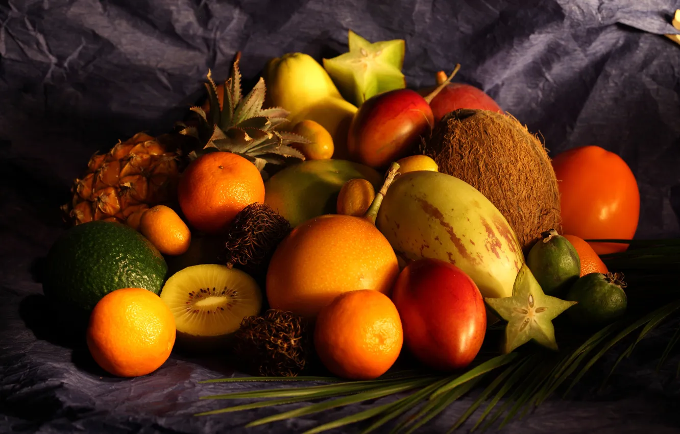 Photo wallpaper table, coconut, fabric, lime, pear, fruit, mango, pineapple