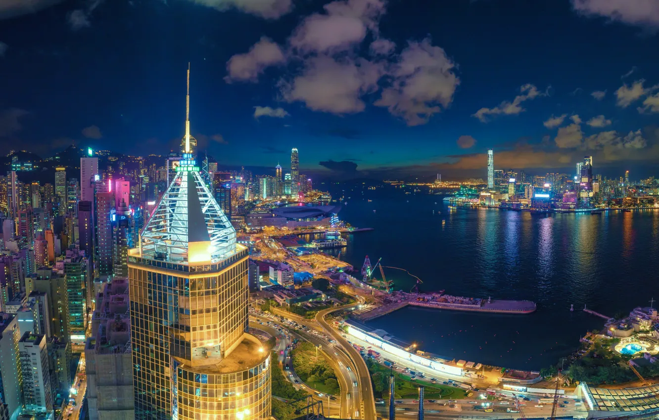 Photo wallpaper Hong Kong, panorama, Bay, night city, skyscrapers, Hong Kong, Causeway Bay, Causeway Bay
