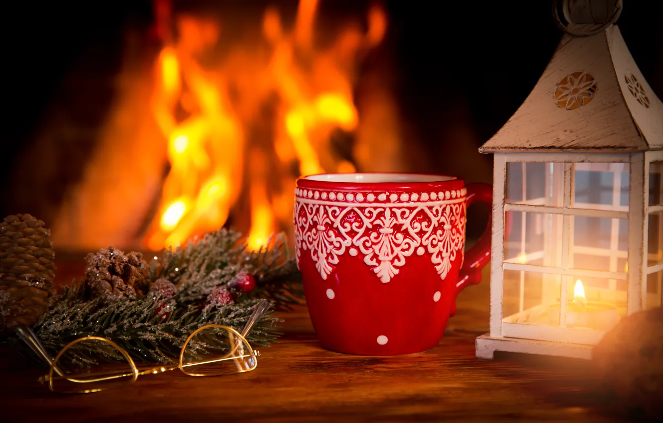 Photo wallpaper decoration, New Year, Christmas, fire, fireplace, Christmas, cup, Xmas