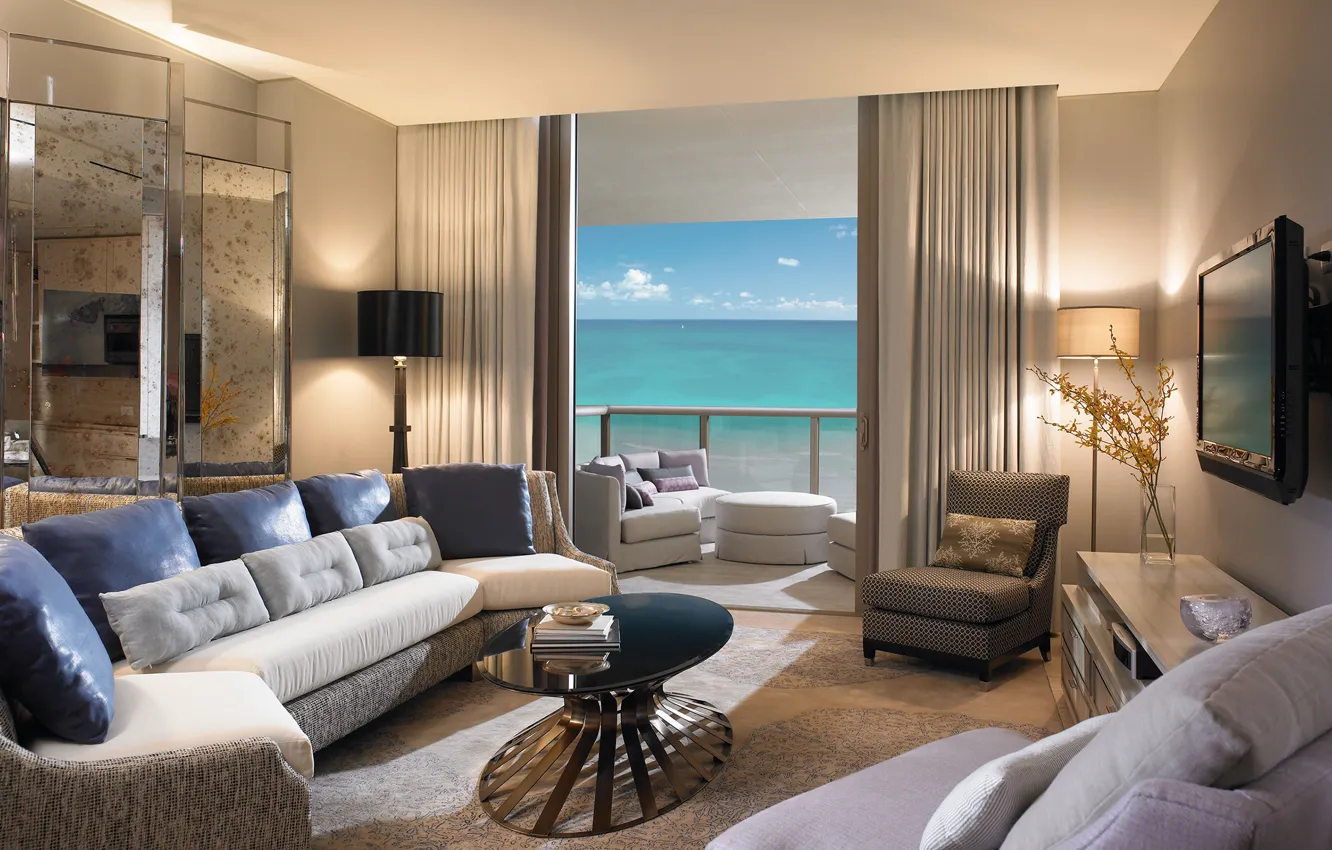 Photo wallpaper sea, table, sofa, mirror, TV, the hotel