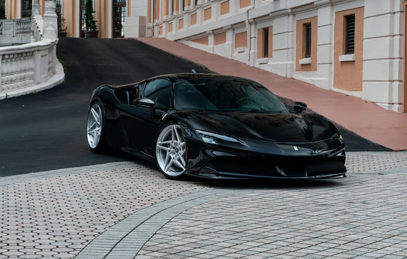 Photo wallpaper Ferrari, Front, Black, Road, Supercar, Ferrari SF90