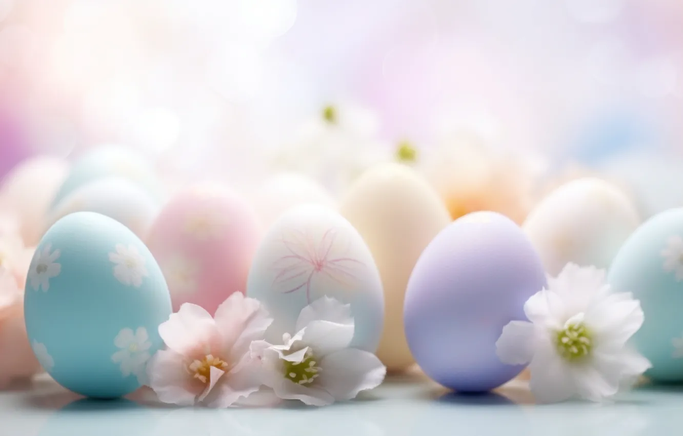 Photo wallpaper flowers, holiday, blue, eggs, spring, Easter, pink, bokeh