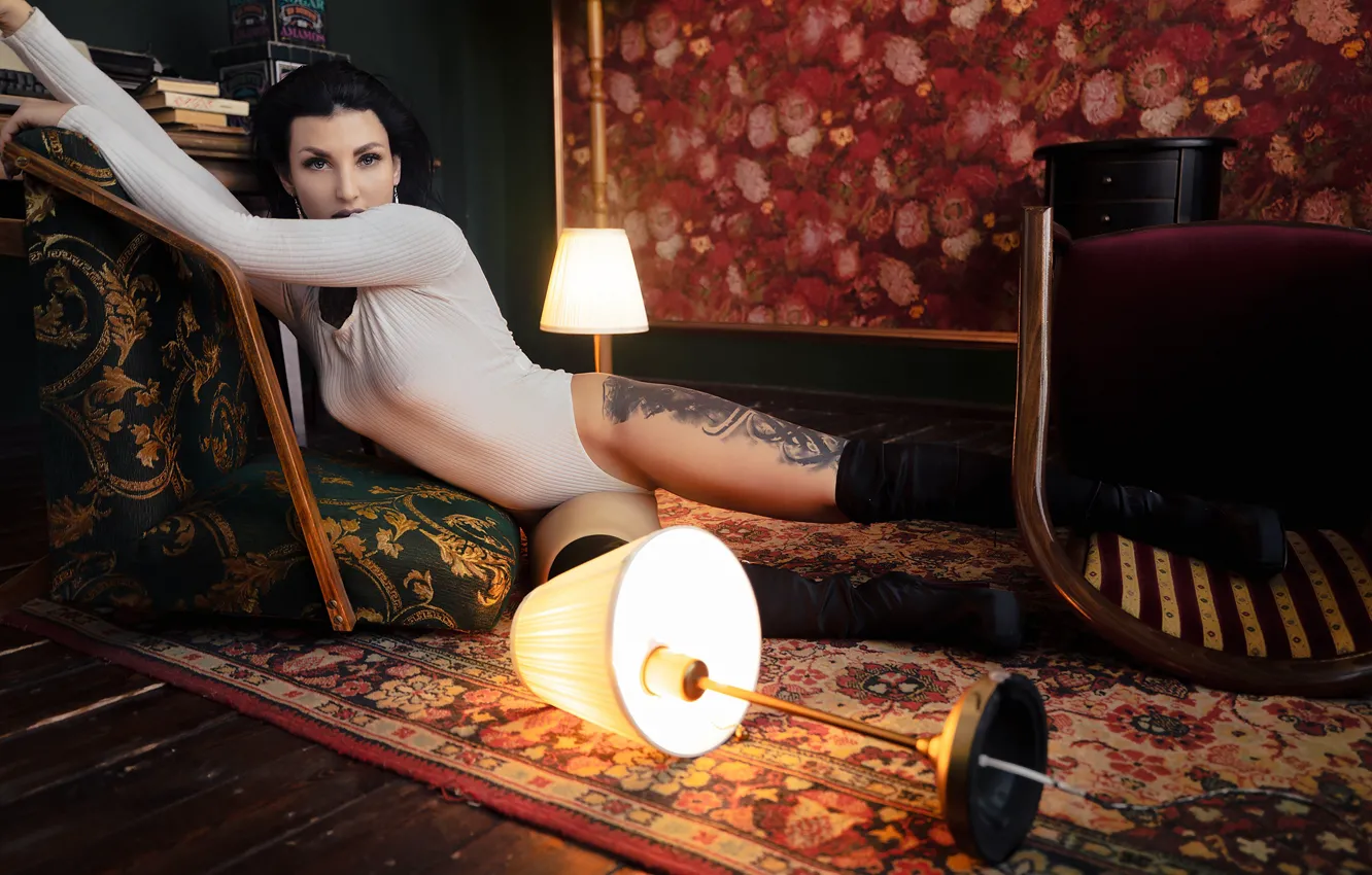 Photo wallpaper girl, pose, lamp, carpet, chair, boots, figure, tattoo