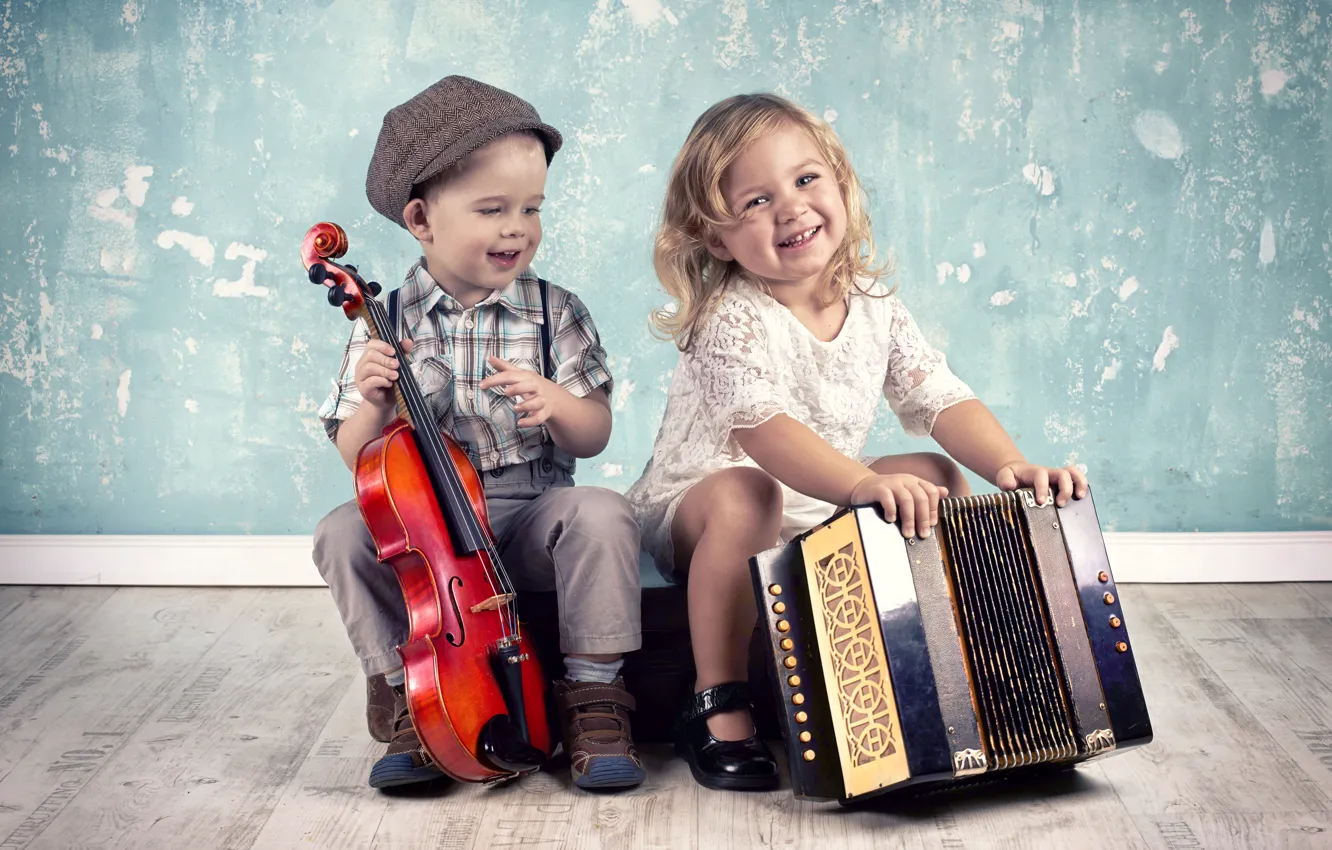 Photo wallpaper smile, violin, the game, boy, girl, girls, smile, musical instruments