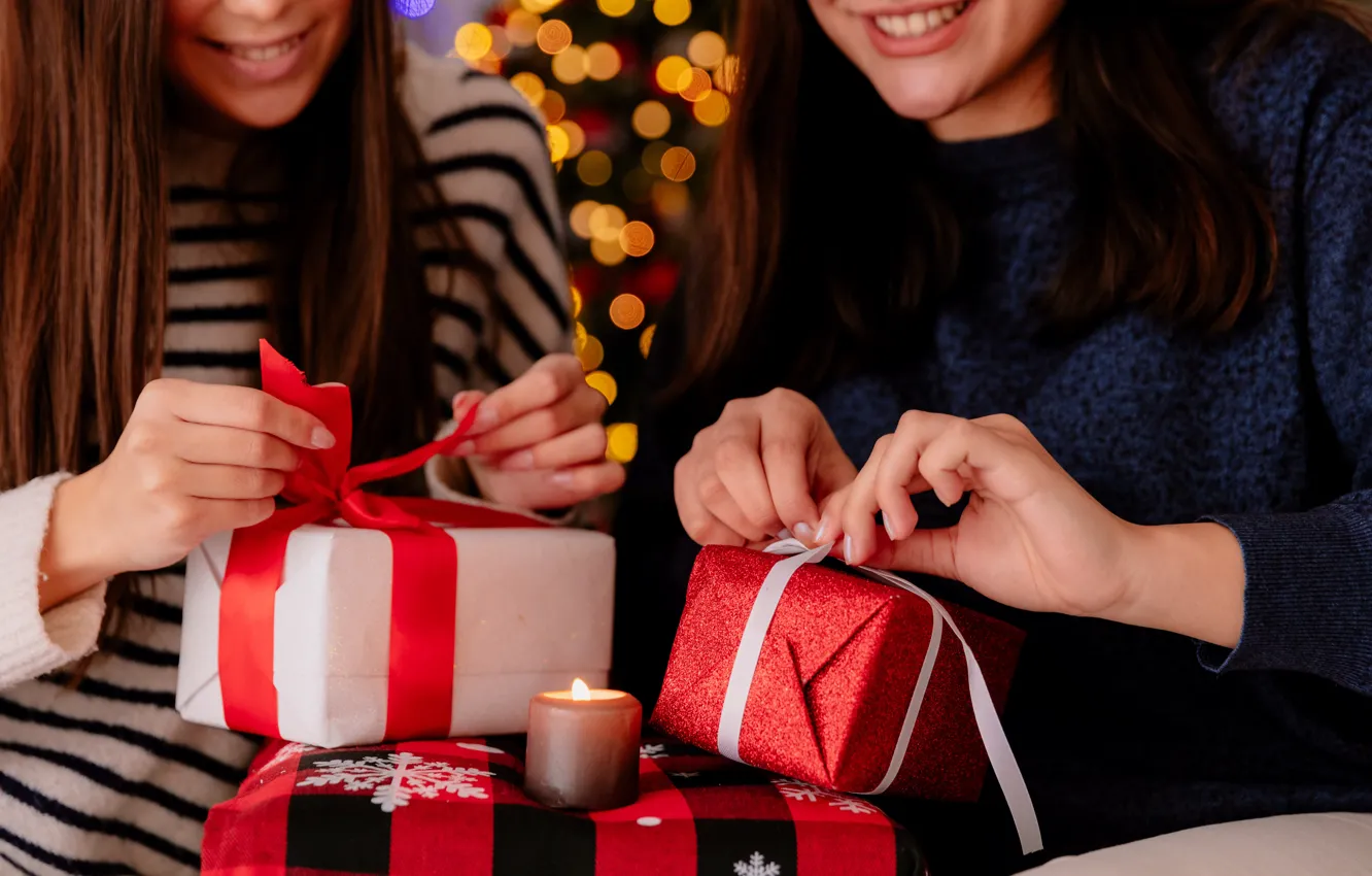 Photo wallpaper girl, box, gift, woman, new year, Christmas, Christmas decorations