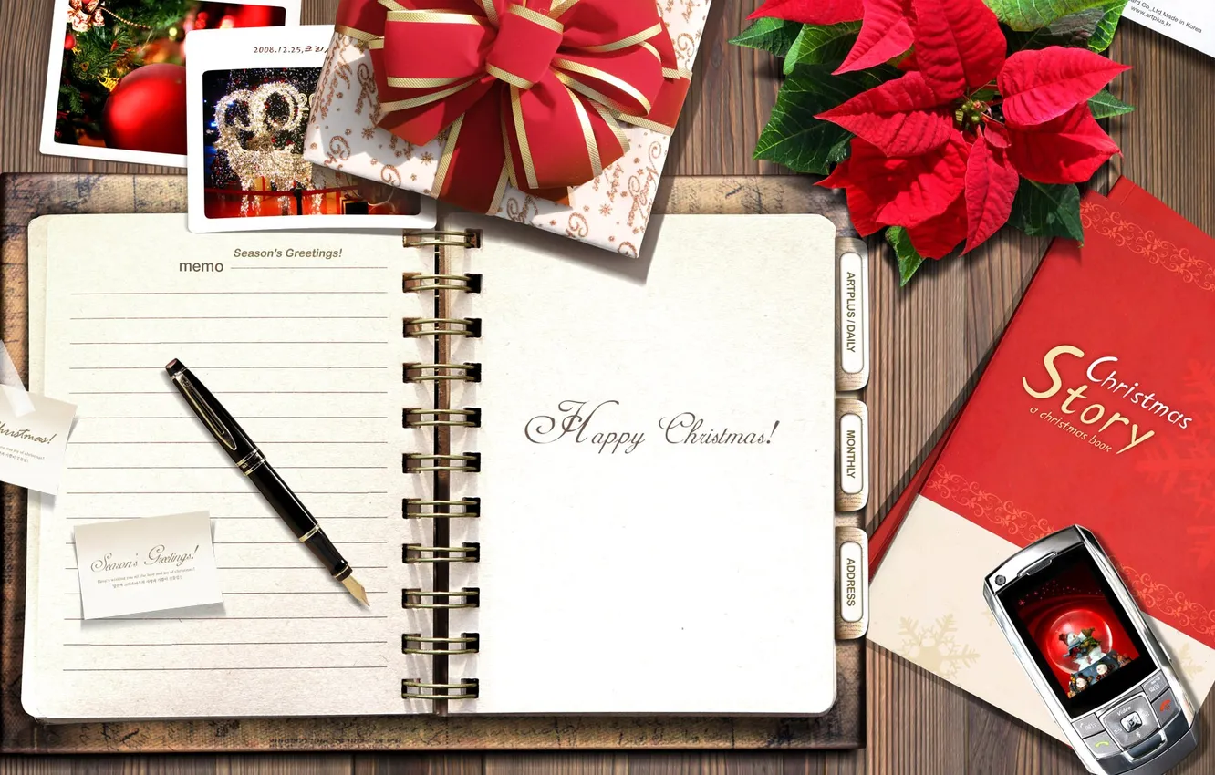 Photo wallpaper leaves, gift, plant, handle, Notepad, book, photos, phone