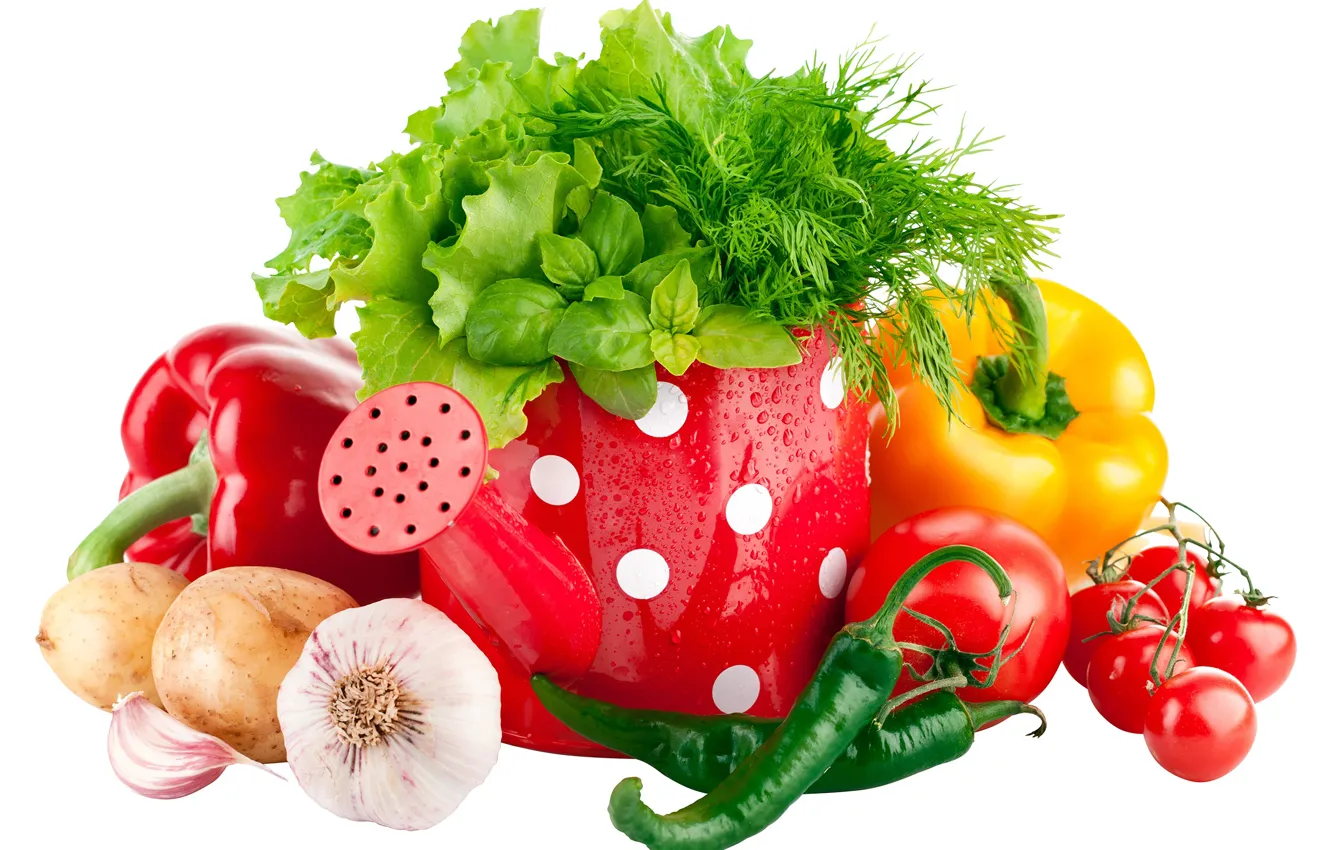 Photo wallpaper pepper, tomatoes, vegetables, salad, lake, greens