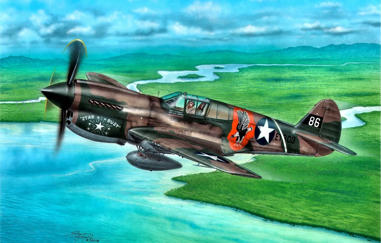 Photo wallpaper fighter, fighter-bomber, P-40 Warhawk, External fuel tank, P-40E, Сurtiss