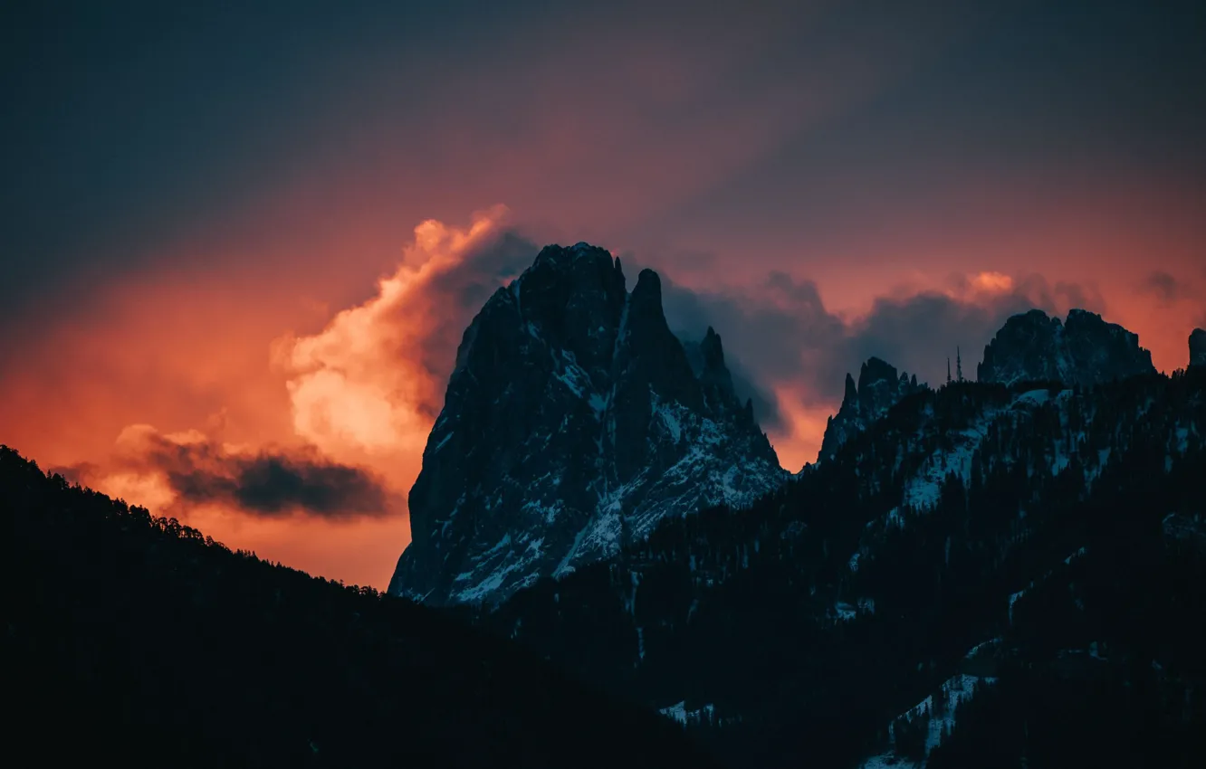 Photo wallpaper winter, forest, the sky, clouds, snow, trees, sunset, mountains