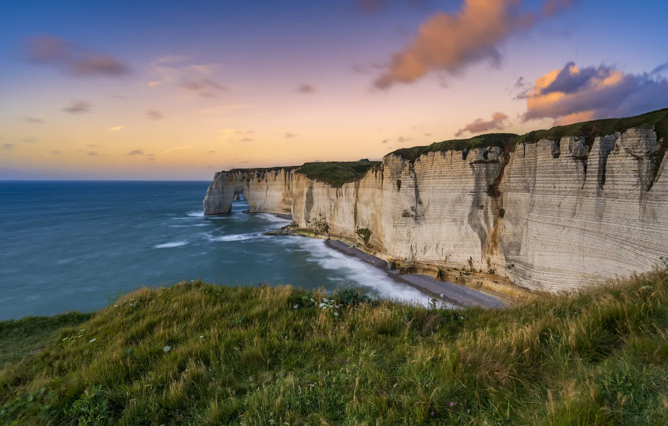 Photo wallpaper beach, the sky, grass, clouds, landscape, sunset, nature, open