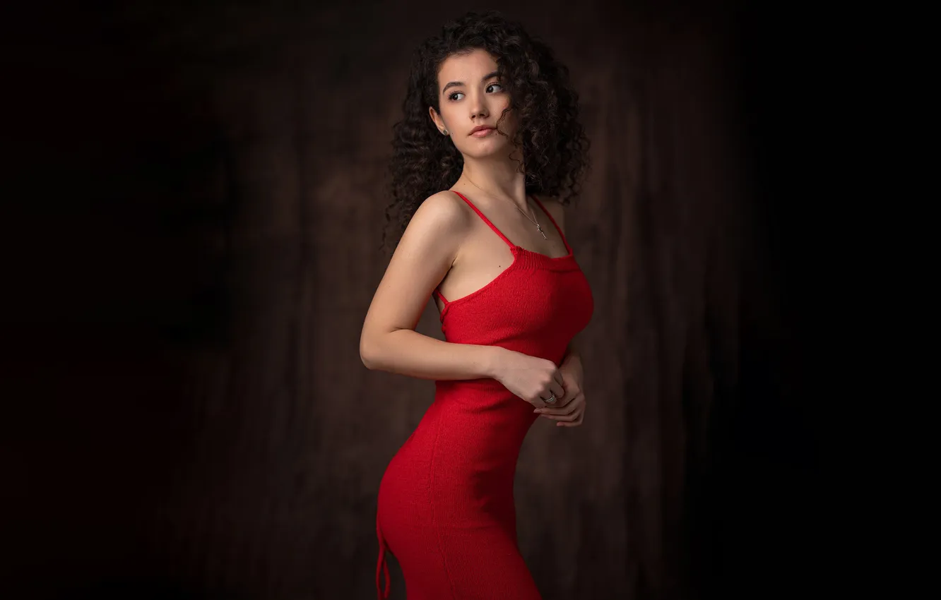 Photo wallpaper girl, figure, studio, model, women, brunette, red dress, hips