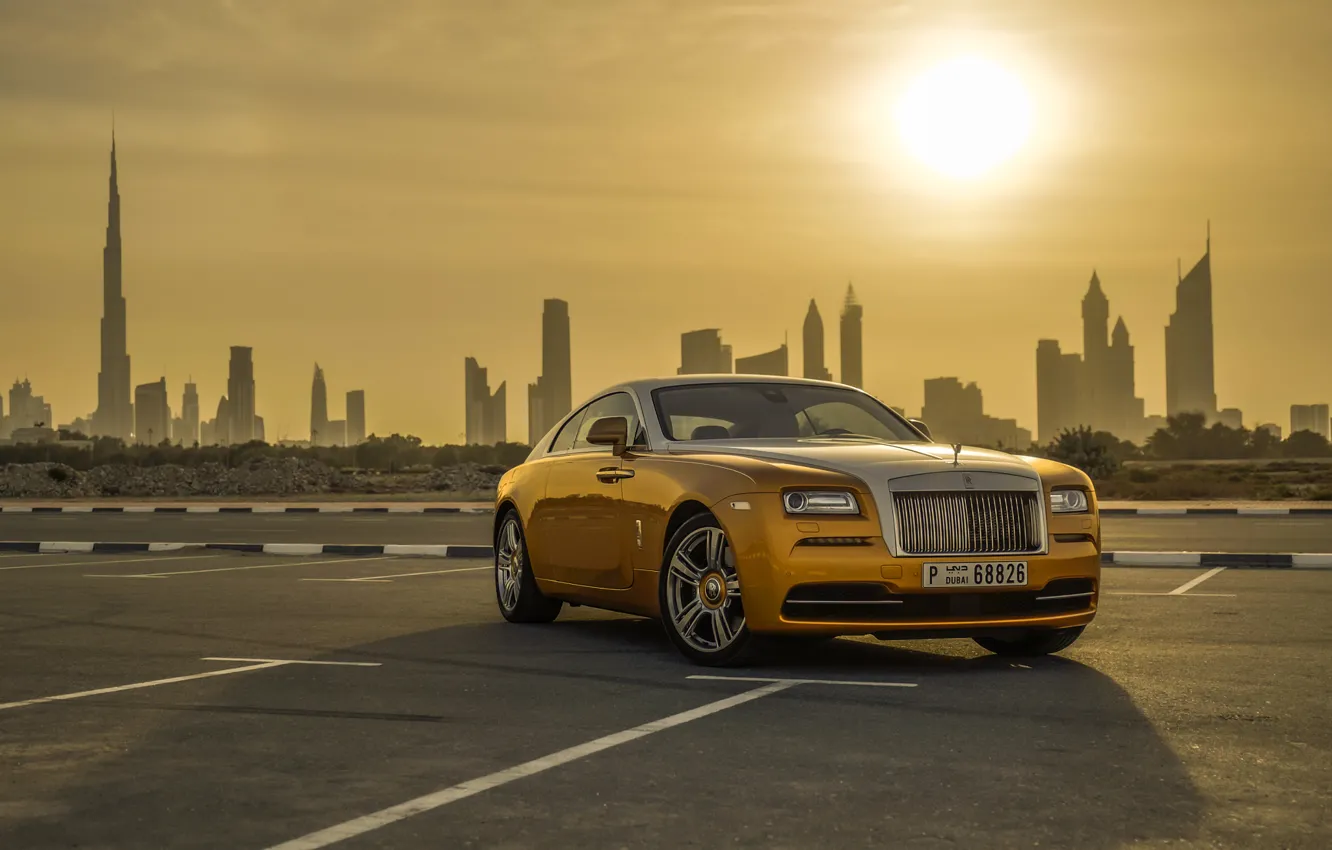 Photo wallpaper Rolls-Royce, Car, Dubai, Gold, Luxury, Wraith, Cityscape