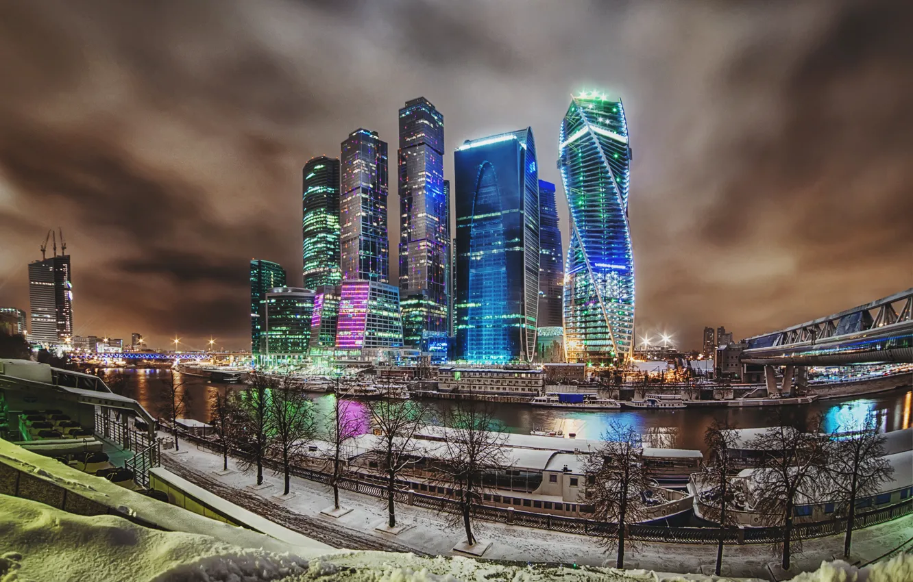 Photo wallpaper winter, road, snow, night, river, street, treatment, Moscow