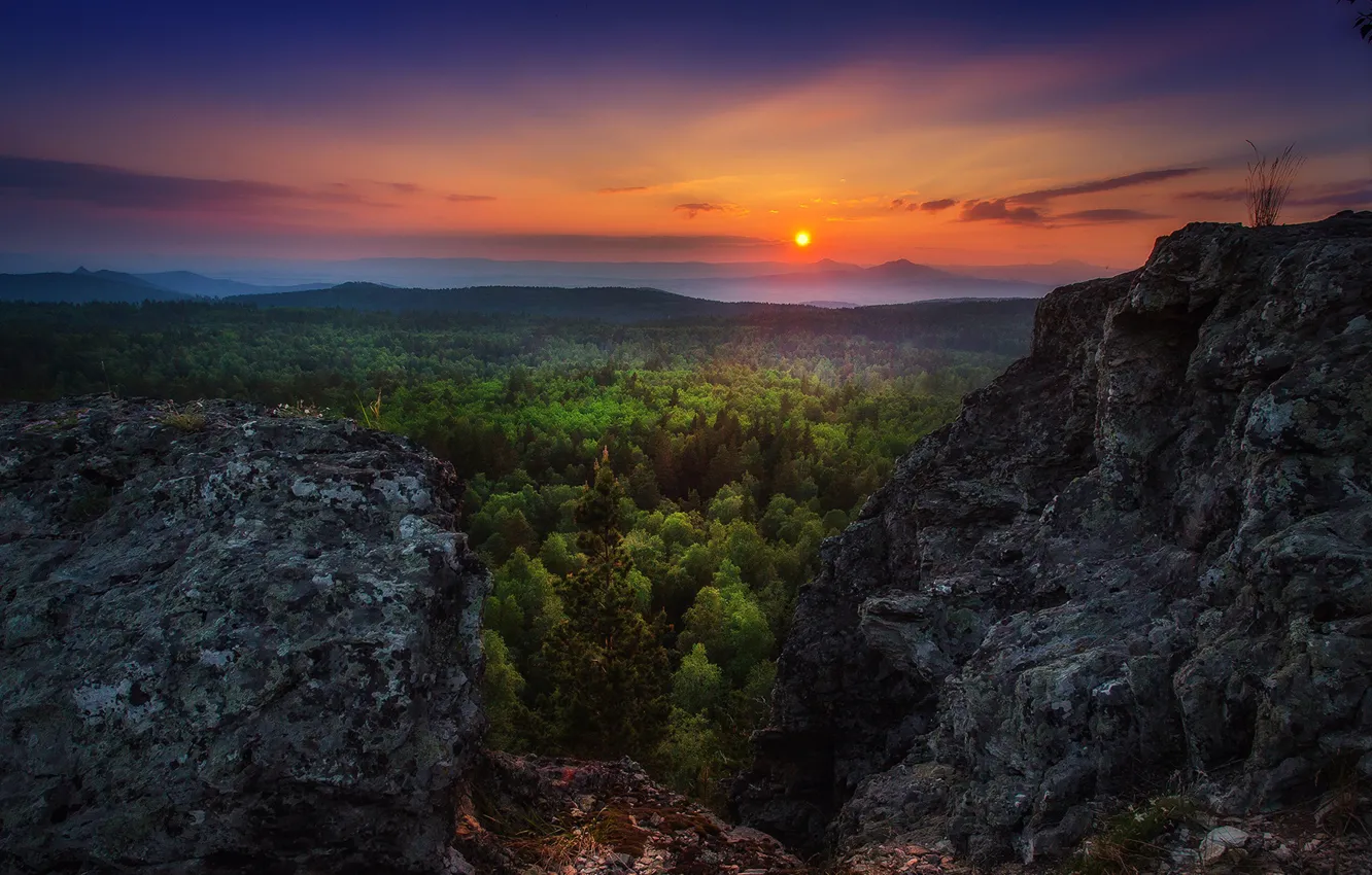 Photo wallpaper forest, the sky, sunset, rocks, the view from the top, Sahaidak Paul