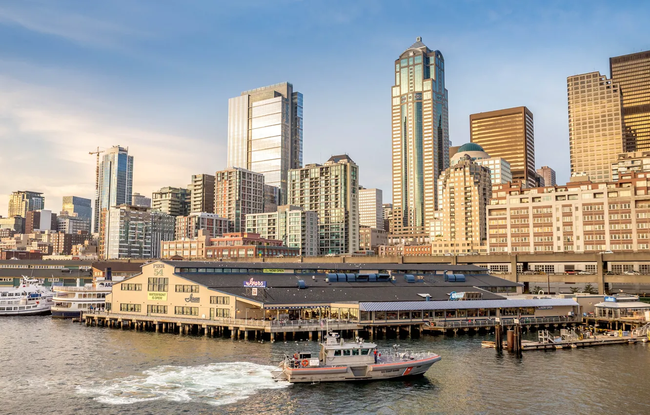 Photo wallpaper river, skyscrapers, Seattle, USA, USA, Seattle