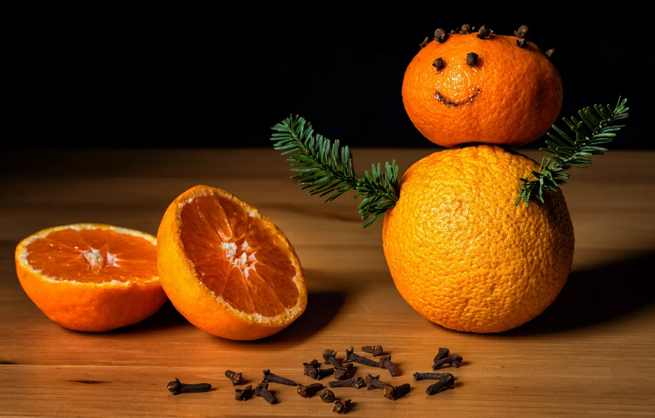 Photo wallpaper the dark background, sprig, table, new year, orange, food, Christmas, snowman