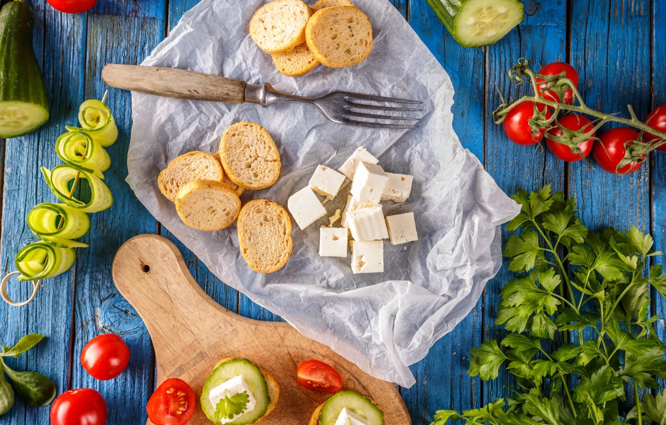 Photo wallpaper cubes, Board, cheese, bread, vegetables, parchment, tomatoes, parsley