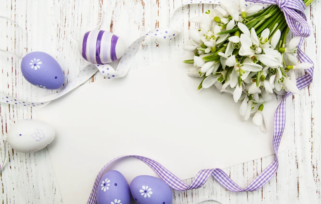 Photo wallpaper flowers, eggs, spring, colorful, snowdrops, Easter, wood, blossom