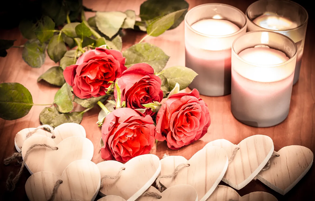 Photo wallpaper flowers, roses, candles, hearts, figures
