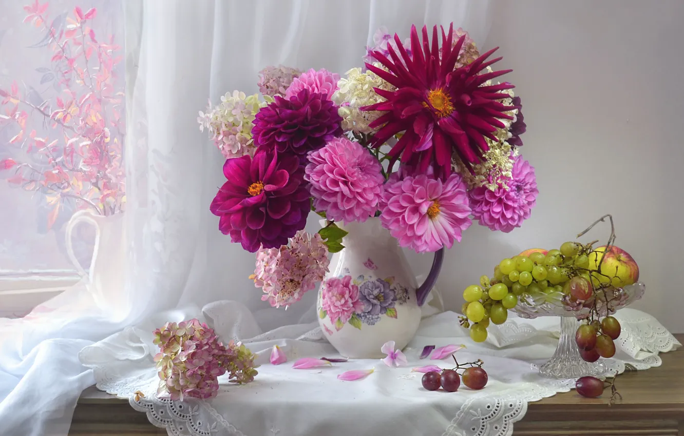 Photo wallpaper flowers, berries, grapes, bunch, pitcher, still life, curtain, napkin