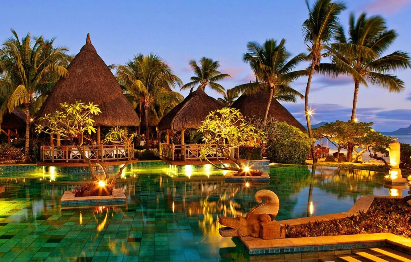 Photo wallpaper the evening, pool, resort, resort, Mauritius, restaurant, Magnificent