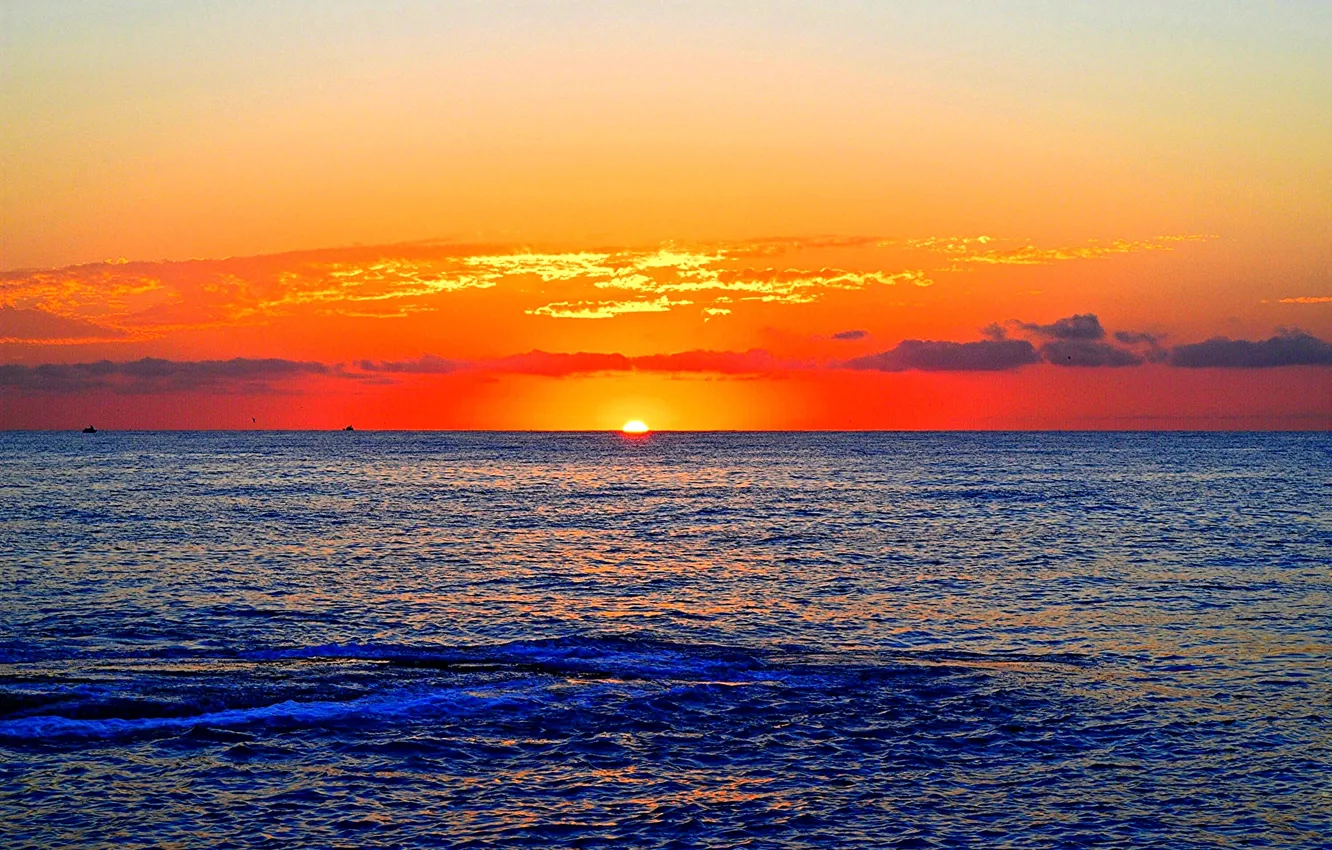 Photo wallpaper sea, clouds, sunrise, boats, horizon, orange sky