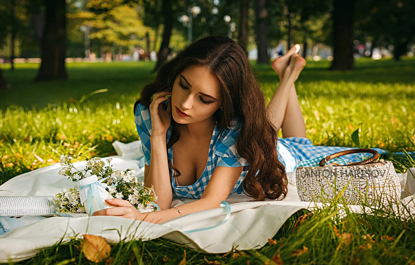 Photo wallpaper girl, pose, brunette, long hair, nature, Anton Kharisov, Maria Bashmakov