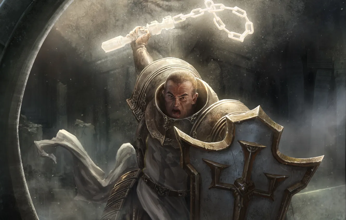Photo wallpaper weapons, armor, art, male, shield, Diablo III, Reaper of Souls, Crusader