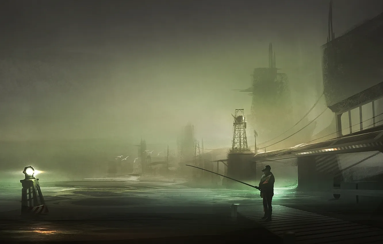 Photo wallpaper night, fisherman, art, pierce, fisherman, harbor, by YoBarte