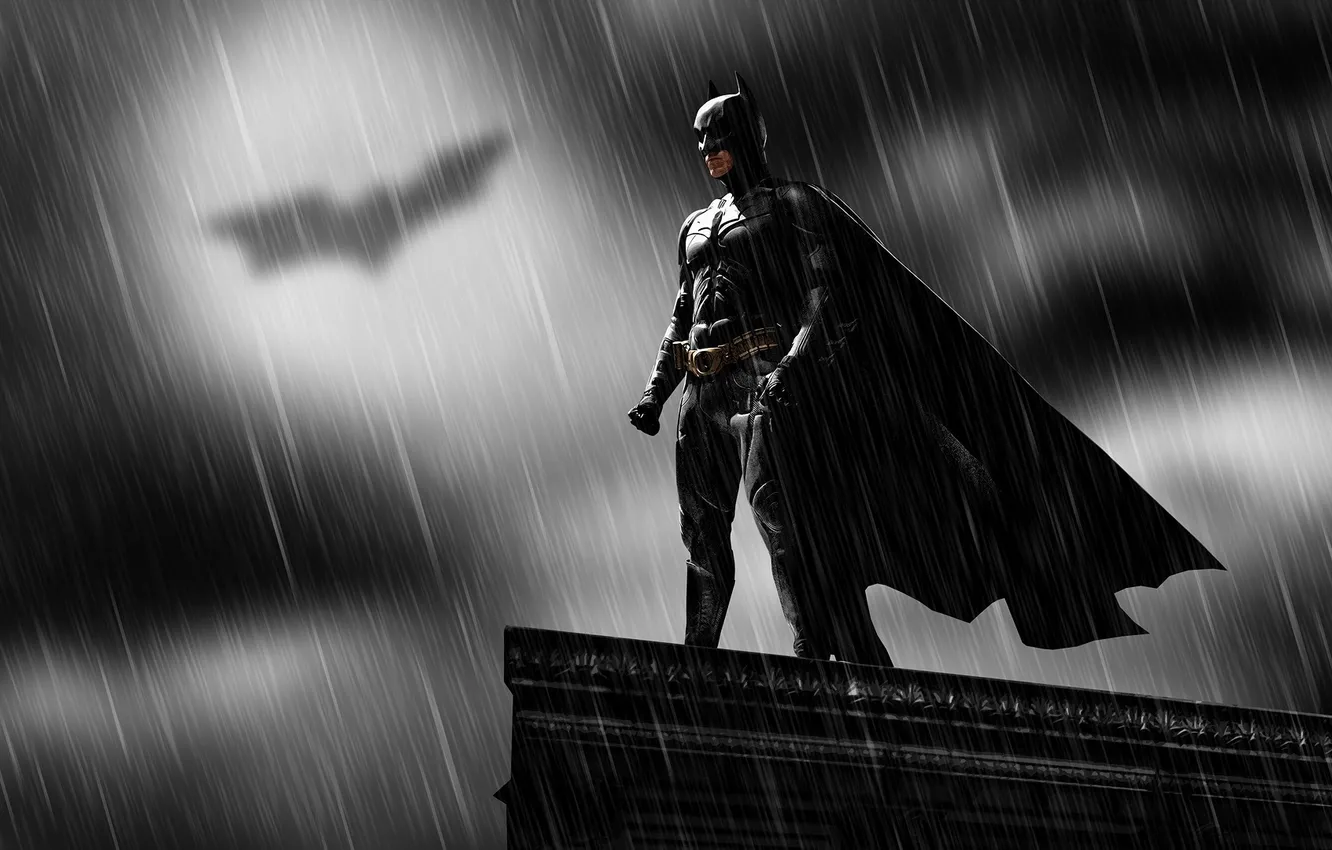 Photo wallpaper rain, hero, Batman, the dark knight, comics, Christian Bale