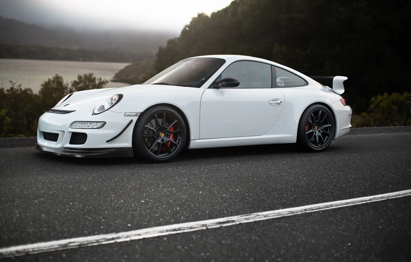 Photo wallpaper road, sea, white, the sky, trees, mountains, markup, black