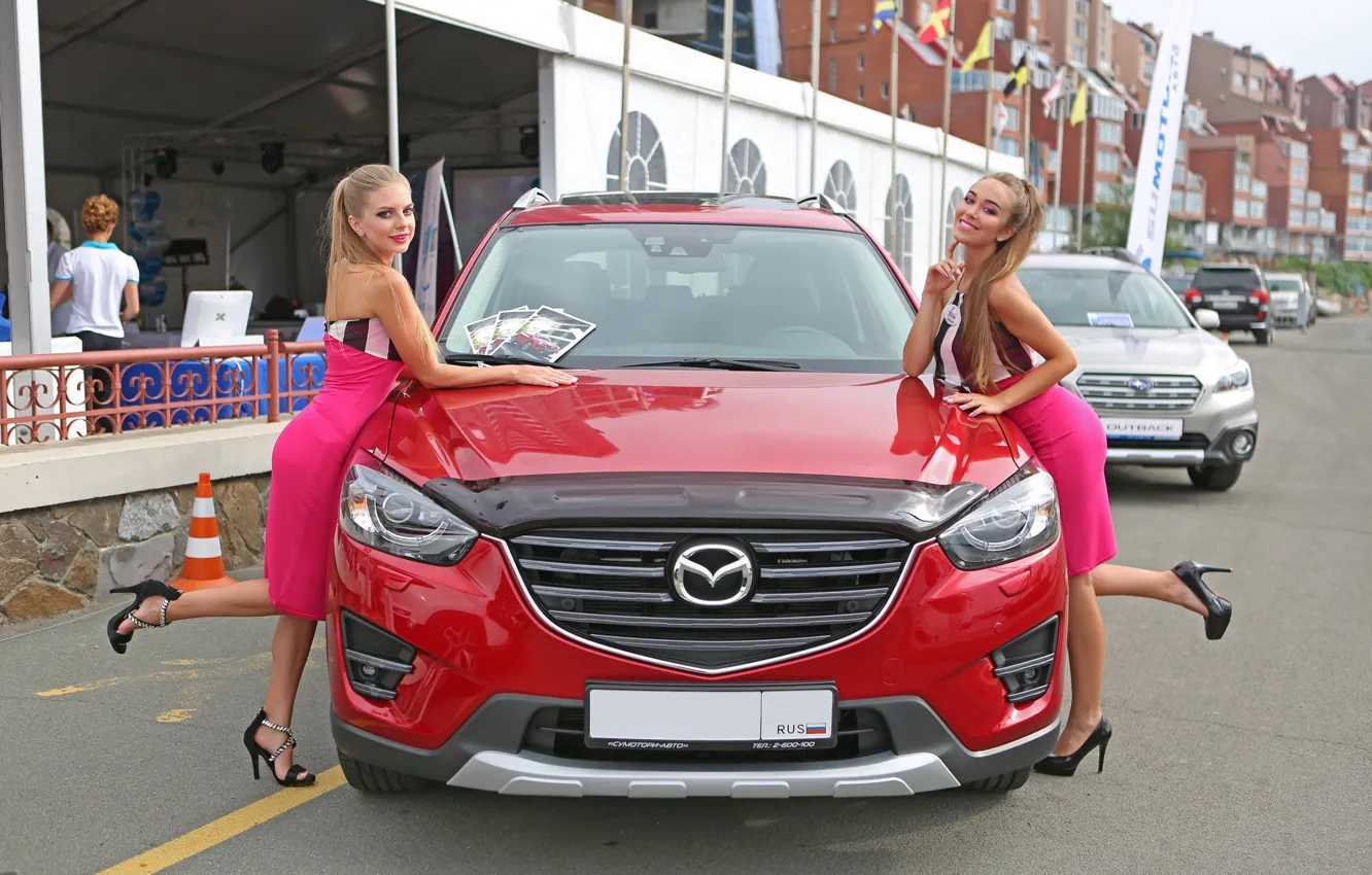 Photo wallpaper look, Girls, Mazda, smile, beautiful girls, red car, posing over the car