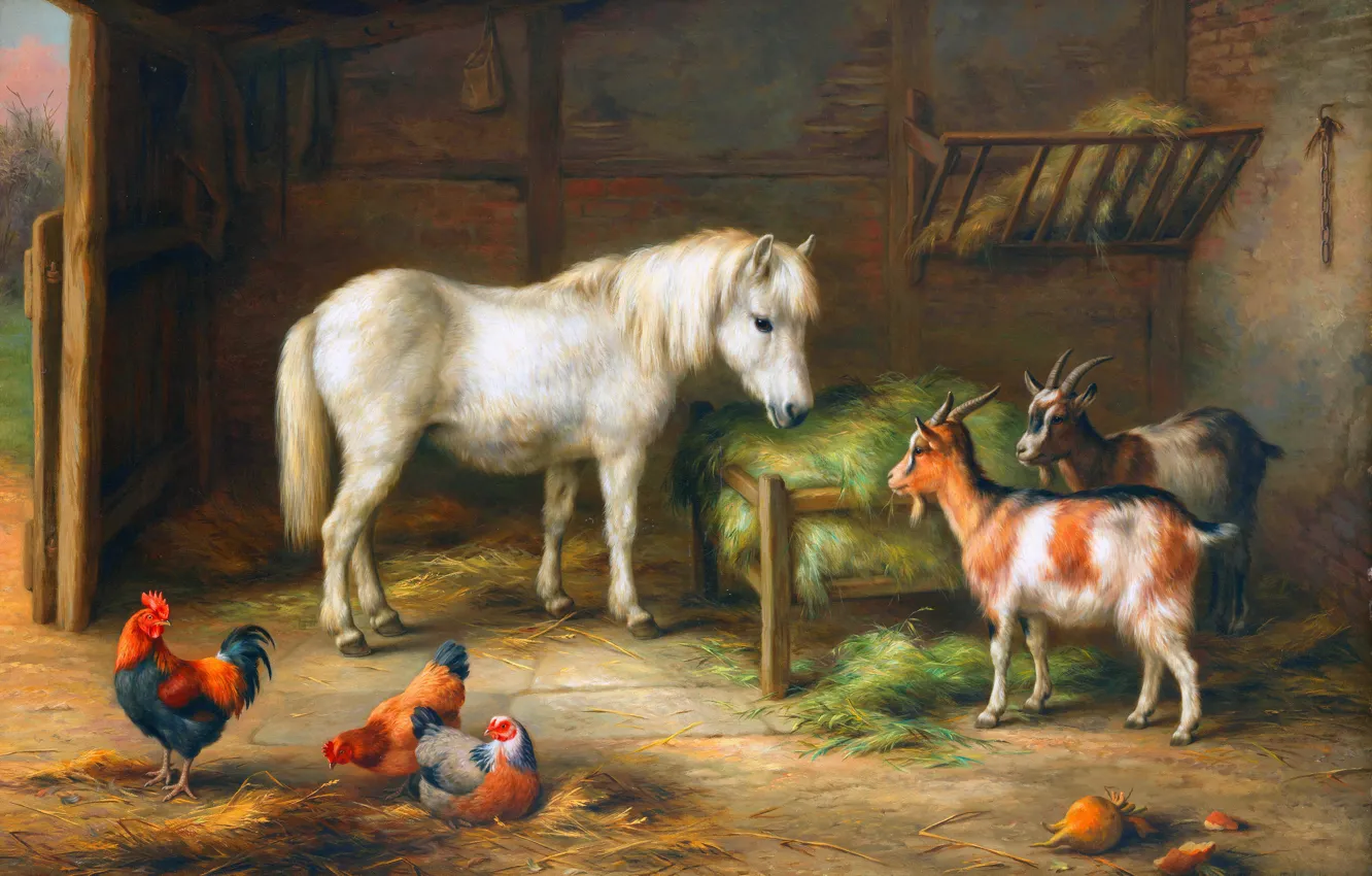 Photo wallpaper Horse, Picture, Cock, Goats, Edgar Hunt, Edgar Hunt, Comrades on the farm, British animal artist