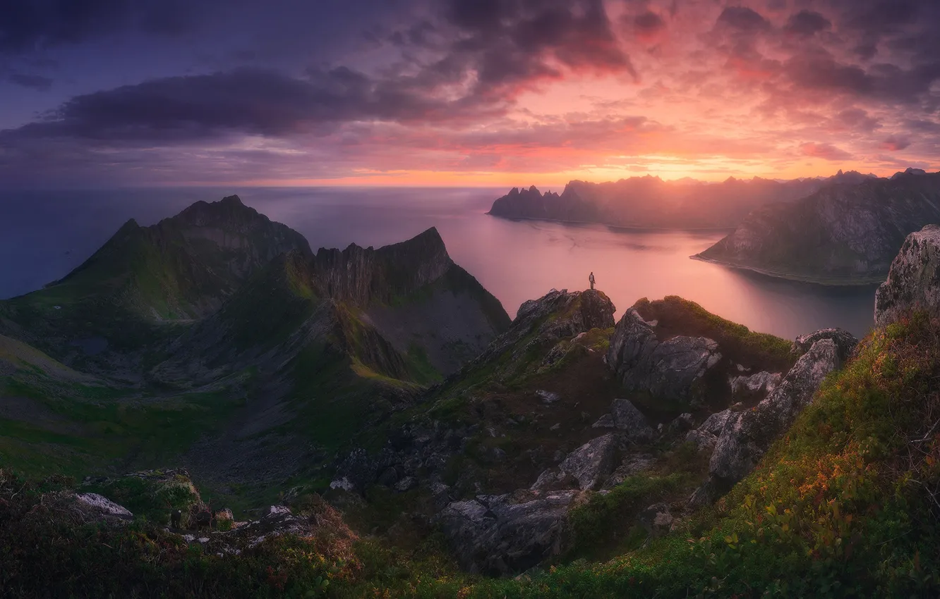 Photo wallpaper sunset, mountains, rocks, people, the evening, guy, pond, tourists